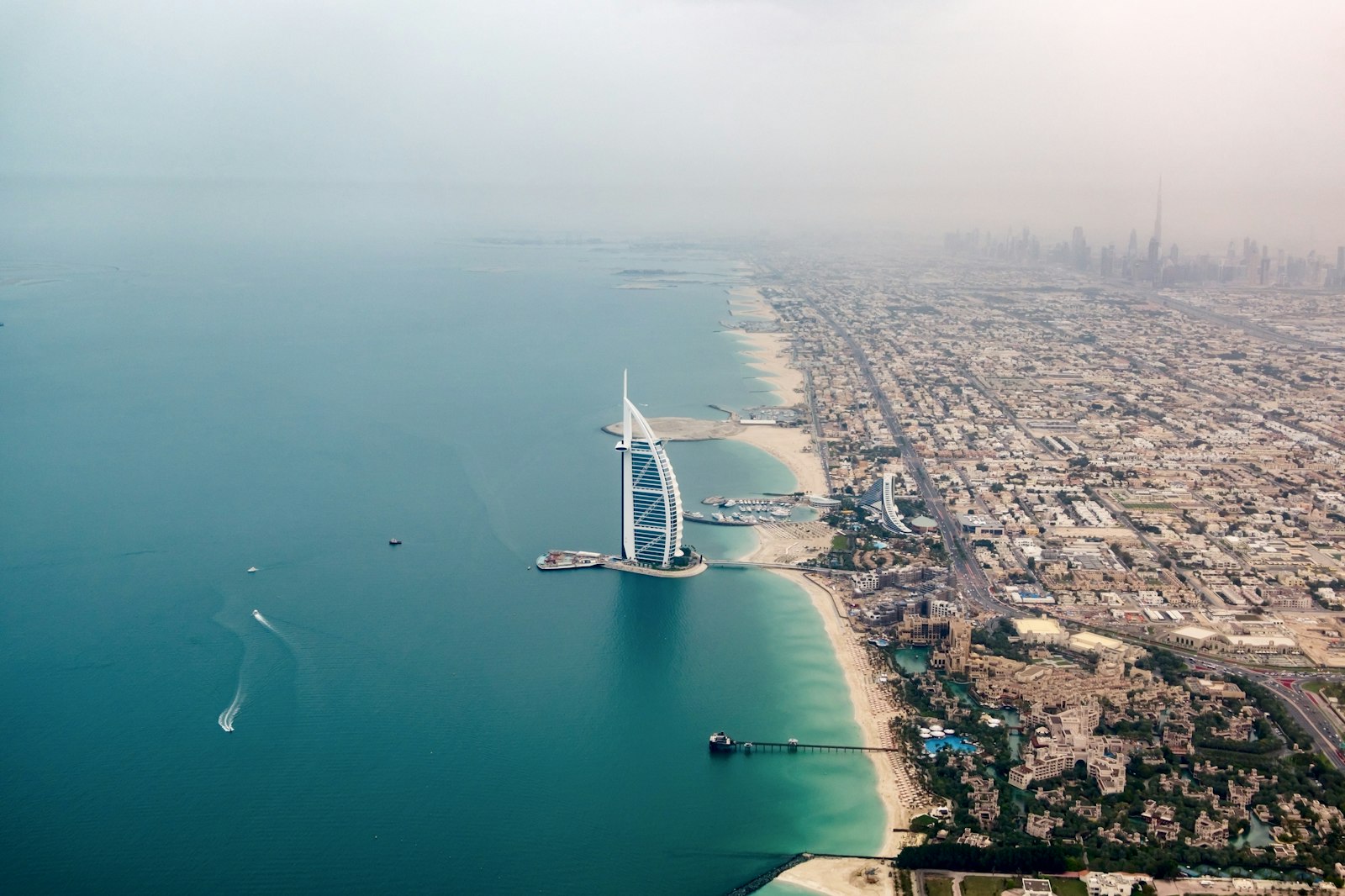 Aerial view of the Dubai coastline and its beachfront towers